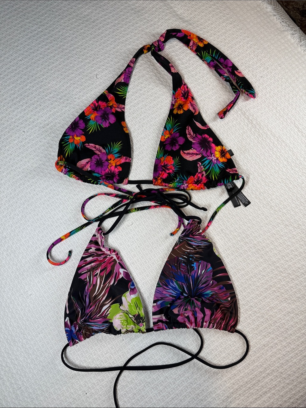 Two XL string bikini Tops- black floral-pair perfectly with plain black bottoms